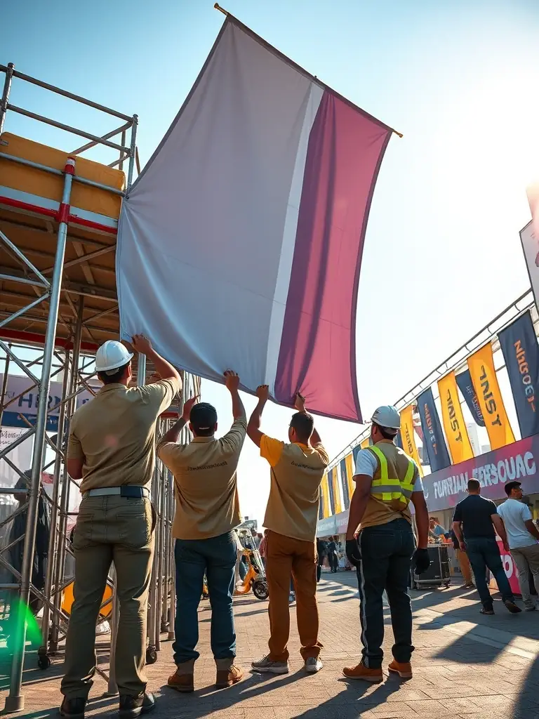 A behind-the-scenes shot of Flight Deck Visual Solutions' team managing a large-scale event setup, including the installation of banners, signage, and promotional materials.