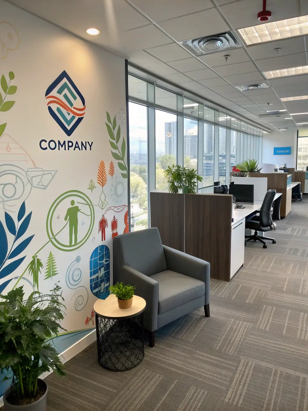 A vibrant, wide-angle shot of a modern office interior featuring Flight Deck Visual Solutions' environmental graphics, showcasing branded wall murals and wayfinding signage.